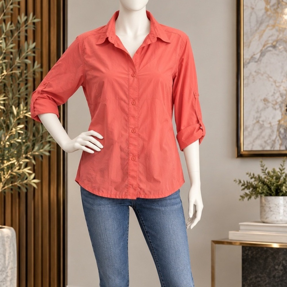 Campmor Womens Hiking Shirt Coral Pink Nylon Roll Tab Sleeve Size Large